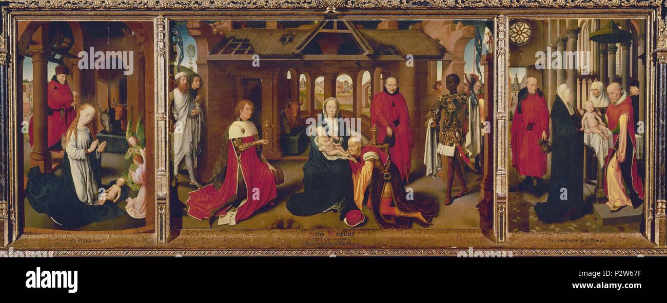 The Adoration of the Magi. La Adoración de los Magos. 1479. Triptych. Oil on canvas  (95x63). Flemish painting. Author: Hans Memling (c. 1433-1494). Location: MUSEO DEL PRADO-PINTURA, MADRID, SPAIN. Stock Photo