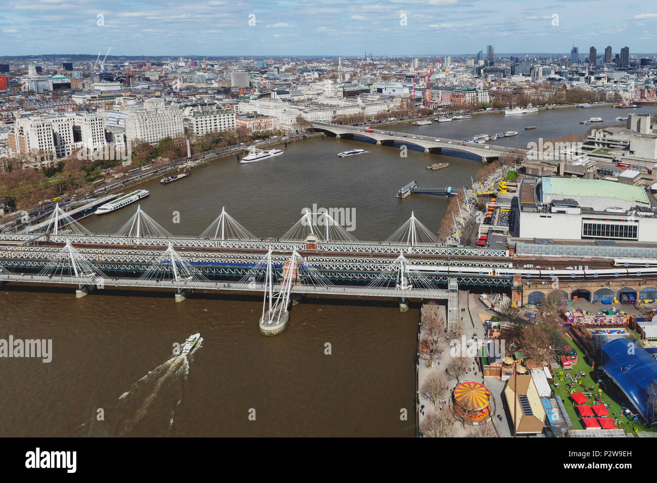 Aerial view of Hungerford Bridge, and Golden Jubilee Bridges, two cablestayed pedestrian