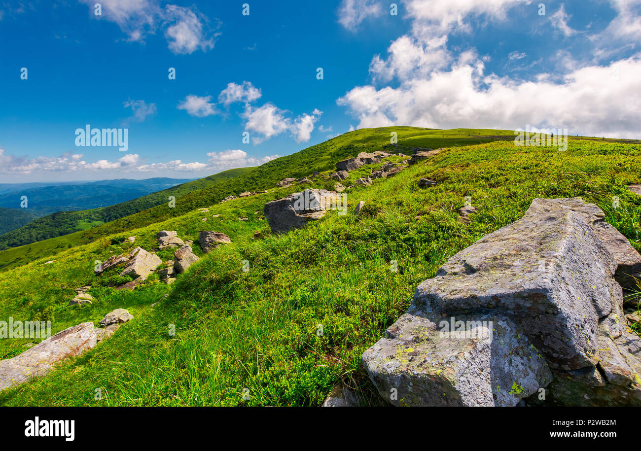 lovely summer landscape. grassy hillside with rocky formations. cloud behind the mountain top. bright and fresh day, good mood. wonderful place for hi Stock Photo