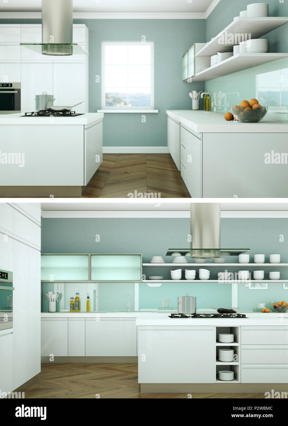 Two views of modern kitchen Interior design 3d Illustration Stock Photo ...