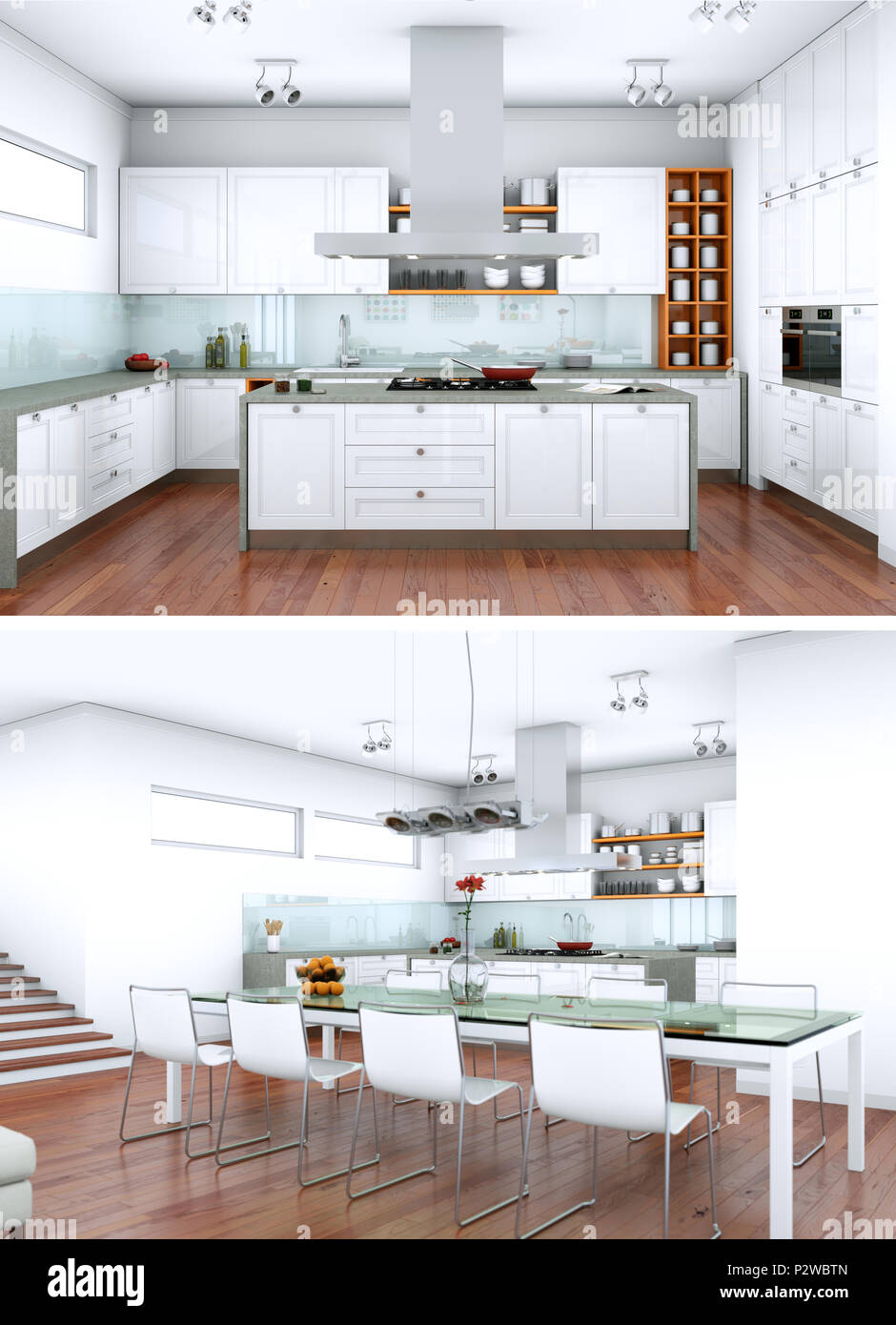 Two views of modern interior loft design with sofas 3d Rendering Stock ...