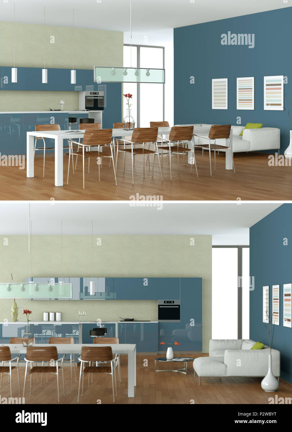 Two views of modern kitchen Interior design 3d Illustration Stock Photo ...
