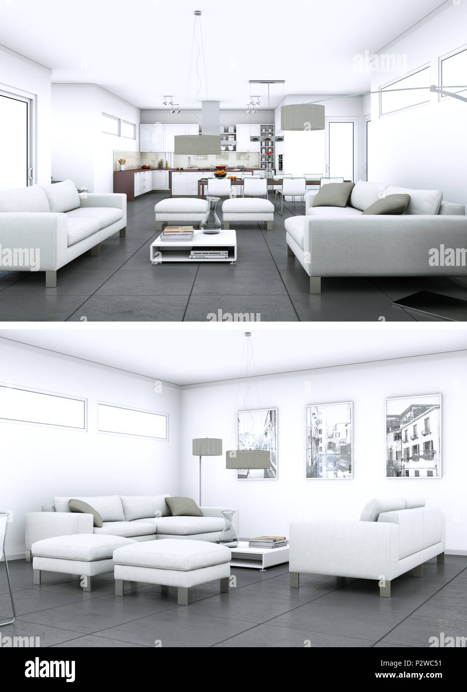 Two views of modern interior loft design with sofas 3d Rendering Stock ...