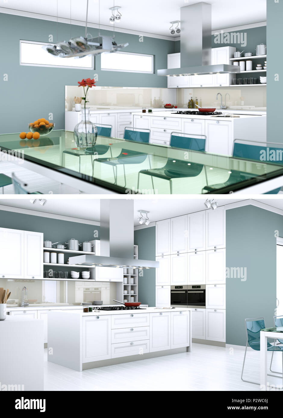 designer kitchen art: patterns, prints, and more -... Two views of modern kitchen Interior design 3d Illustration Stock Photo ...