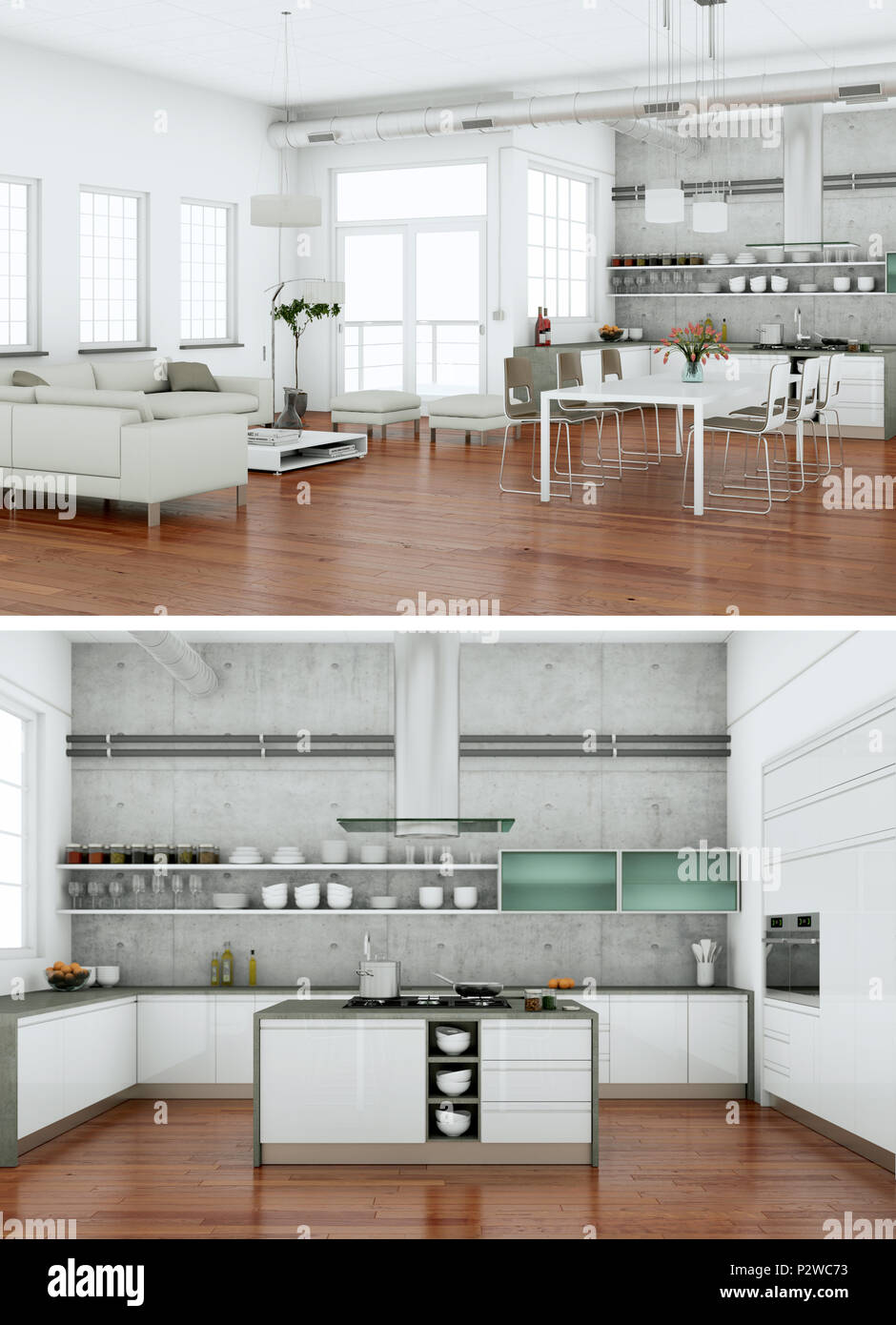 Two views of modern kitchen Interior design 3d Illustration Stock Photo ...