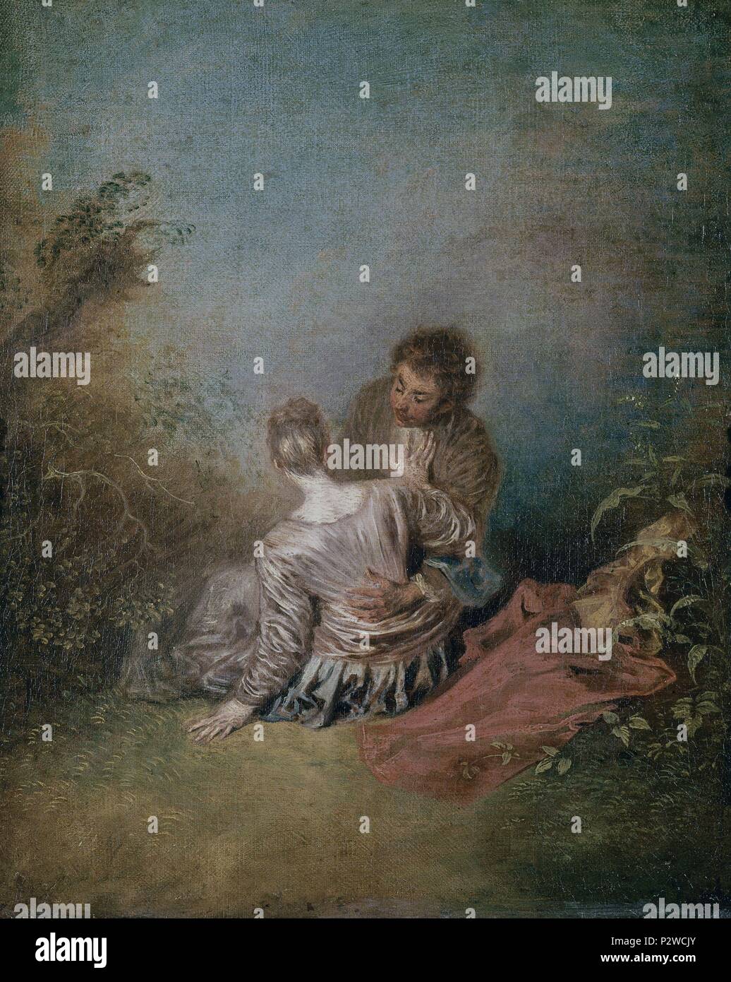 'The Misstep', ca. 1717, Oil on canvas, 40 x 31,5 cm. Author: Jean Antoine Watteau (1684-1721). Location: LOUVRE MUSEUM-PAINTINGS, FRANCE. Also known as: EL PASO EN FALSO. Stock Photo