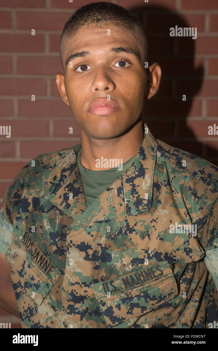 Pfc. Jeanpierre Riosjanne, Platoon 3060, Mike Company, 3rd Recruit Training Battalion, earned U.S. Citizenship Aug. 4, 2016, on Parris Island, S.C. Before earning citizenship, applicants must demonstrate knowledge of the English language and American government, show good moral character and take the Oath of Allegiance to the U.S. Constitution. Riosjanne, from Queens, N.Y., originally from Colombia, is scheduled to graduate Aug. 5, 2016. (Photo by Lance Cpl. Carlin Warren) Stock Photo