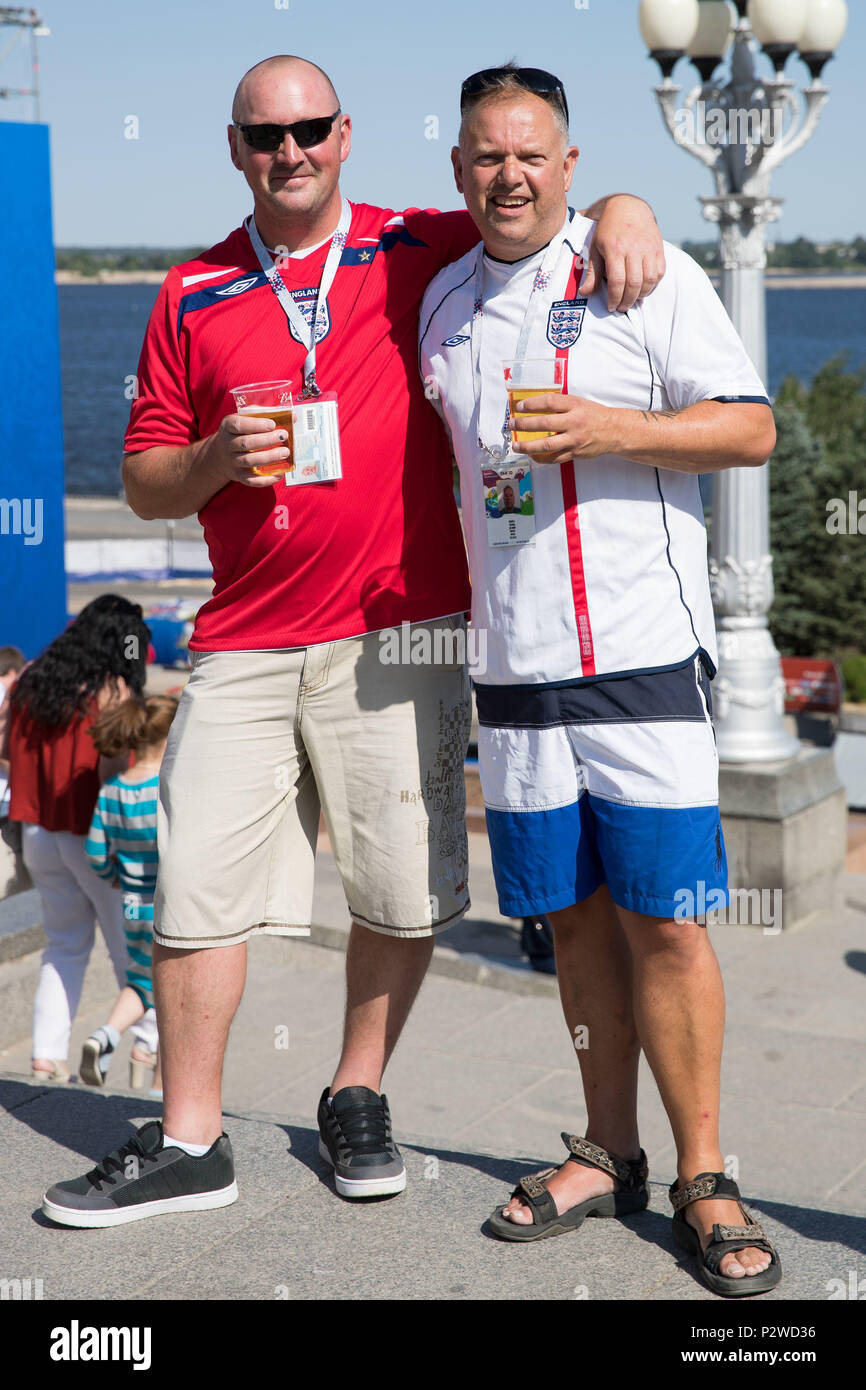 Martin Barnes (left) and Dave Inniss who have travelled from Cornwall to watch England's opening World Cup group match against Tunisia in Volgograd, during the 2018 FIFA World Cup in, Russia. Stock Photo