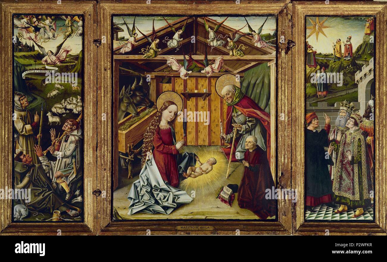 The Birth Triptych. 2nd half of the 15th century. Madrid, Lazaro Galdiano museum. Author: MAESTRO DE AVILA GARCIA DEL BARCO. Location: MUSEO LAZARO GALDIANO-COLECCION, MADRID, SPAIN. Stock Photo