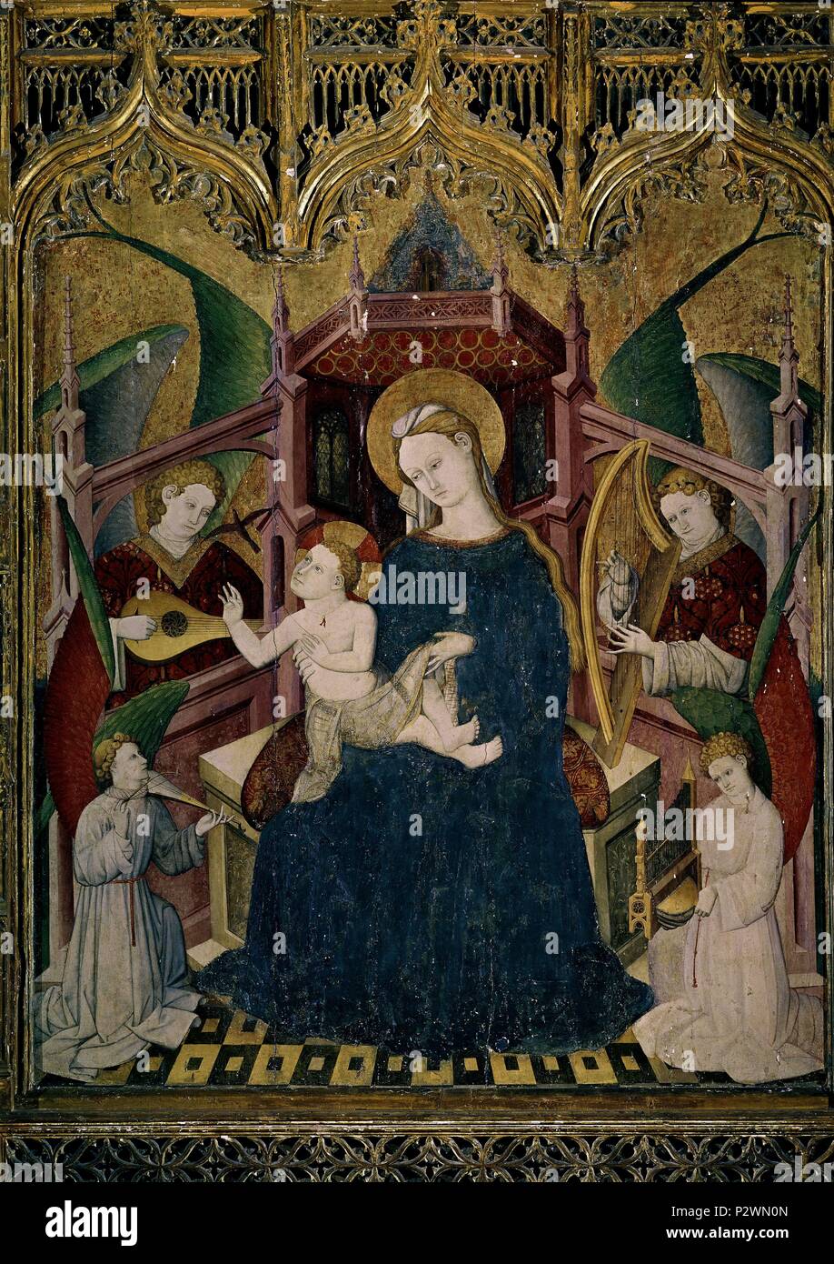 Portrait of the Virgin and St. Francis - The virgin with the Child between angels. Retablo virgen y S Fco - Virgen con el Niño entre angeles. Madrid, El Prado. Author: Nicolás Francés (c. 1400-1468). Location: MUSEO DEL PRADO-PINTURA, MADRID, SPAIN. Stock Photo