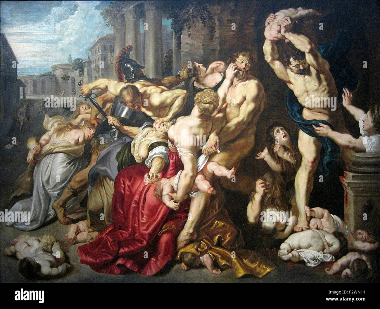« Le Massacre des Innocents », huile sur bois (Hauteur. 142 cm ; largeur. 182 cm) d’après Pierre Paul Rubens vers 1610-1612, appartenant aux musées royaux des beaux-arts de Belgique de Bruxelles. - Inv. 3639, photographiée lors de l’exposition temporaire « Rubens et son Temps » au musée du Louvre-Lens. 0 Le Massacre des Innocents d'aprA8s P.P. Rubens - MusA9es royaux des beaux-arts de Belgique (2) Stock Photo