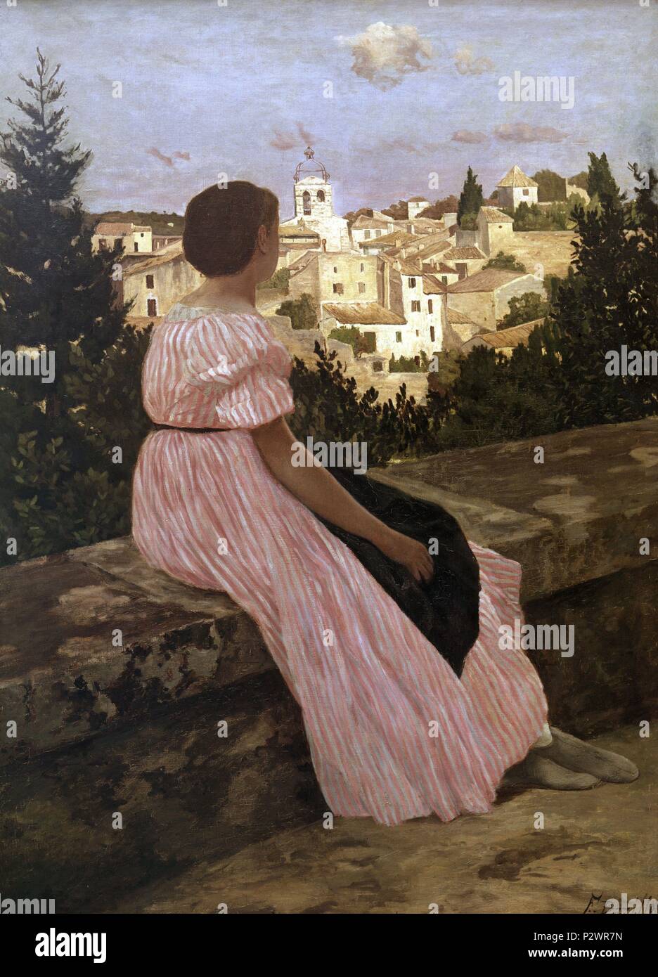 The Pink Dress, or View of Castelnau-le-Lez, Herault -1864 - 147x110 cm - oil on canvas. Author: Frédéric Bazille (1841-1870). Location: MUSEE D'ORSAY, FRANCE. Also known as: EL VESTIDO ROSA. Stock Photo