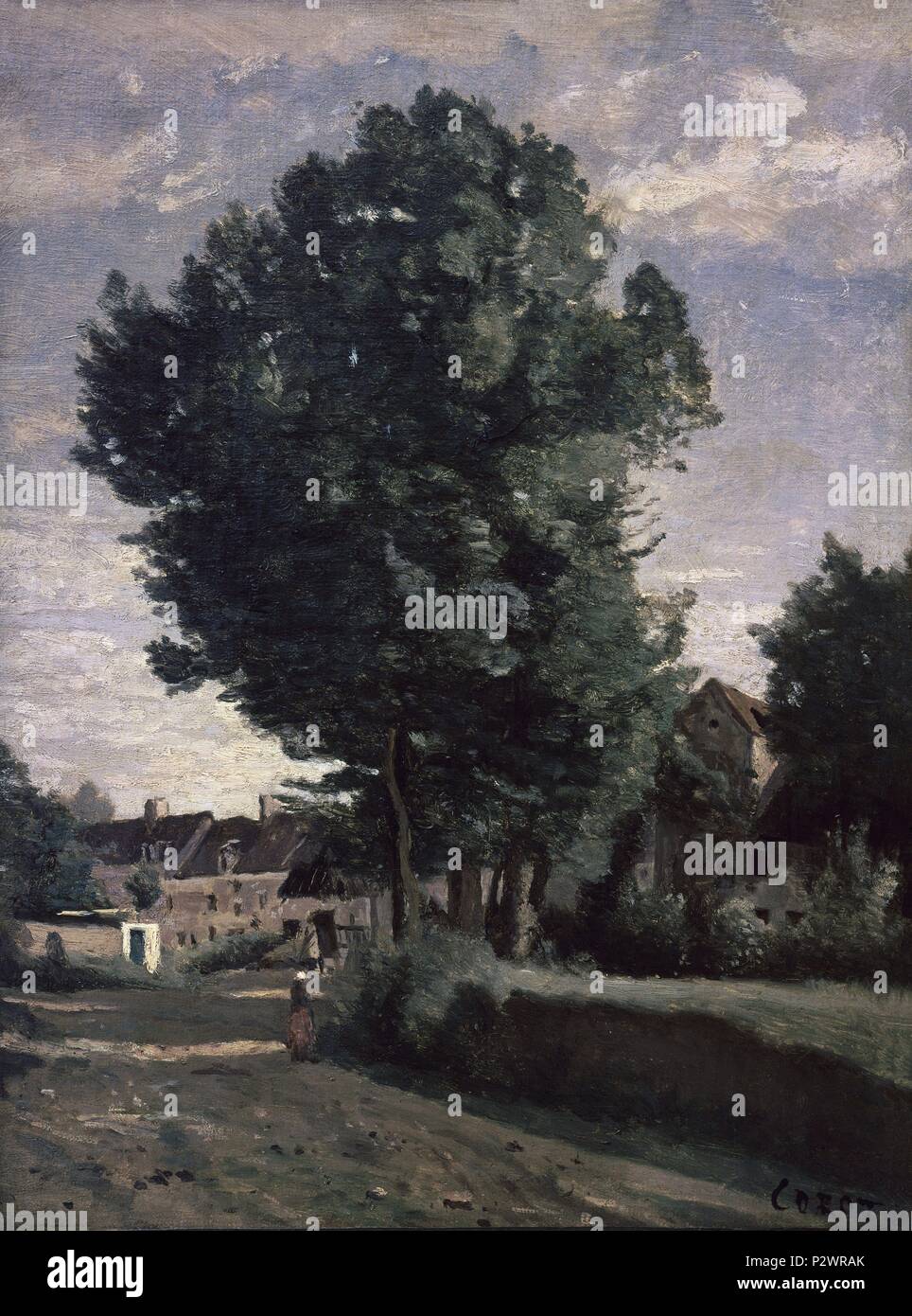 Outskirts of a village near Beauvais - ca. 1850 - 40x30 cm - oil on canvas. Author: Jean Baptiste Camille Corot (1796-1875). Location: LOUVRE MUSEUM-PAINTINGS, FRANCE. Also known as: ENTRADA DE ALDEA. Stock Photo