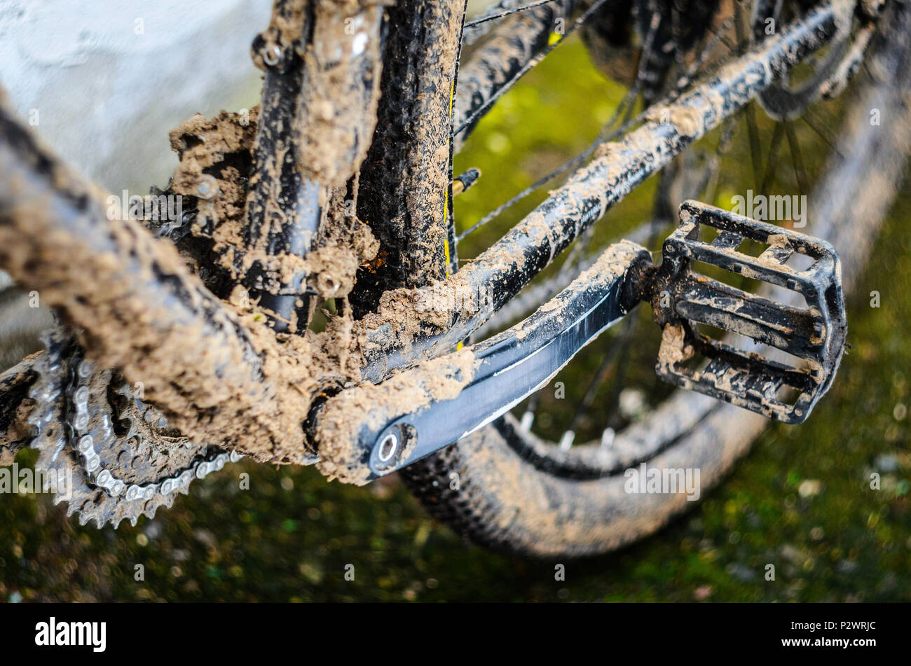 Bottom Bracket Area of Dirty Mountain Bike After the Race Stock Photo