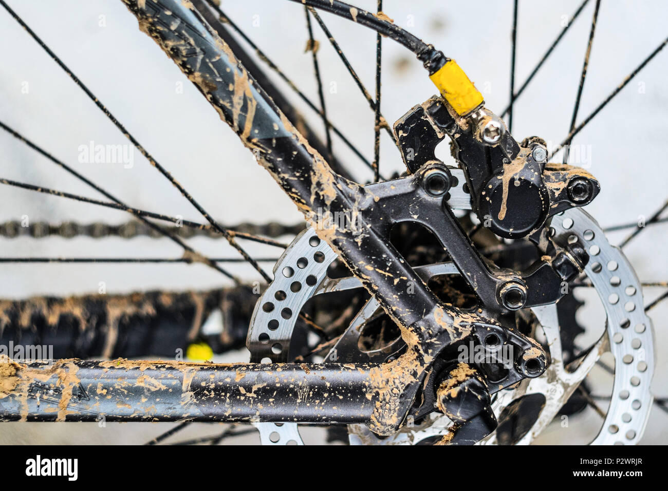 Rotor of Rear Hydraulic Brake on the Mountain Bike. Dirt on Mountain Bicycle Frame After the Race in Bad Weather Stock Photo Alamy