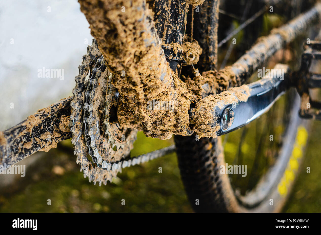 Bottom Bracket Area of Dirty Mountain Bike After the Race Stock Photo