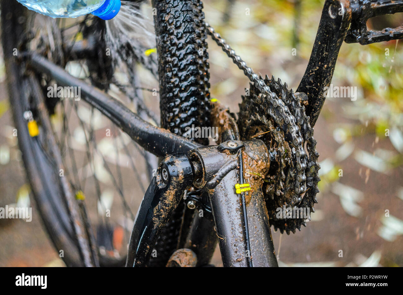 Washing the Transmission of a Mountain Bike with a Water Jet, CloseUp