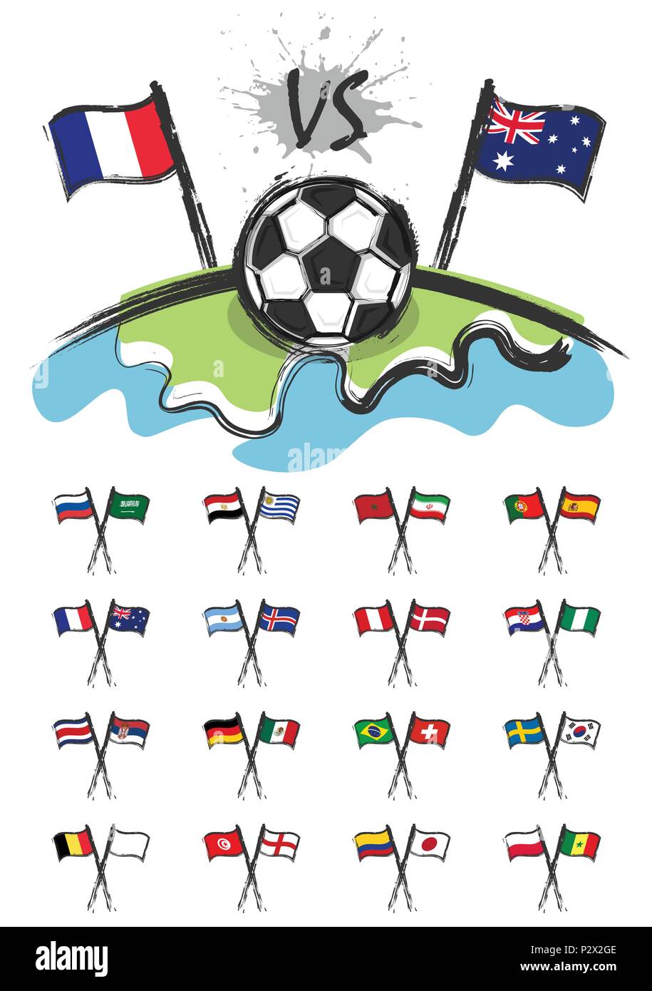 Football on the world with set of national soccer team flags for edit this image . Sport match concept . Watercolor art child painting flat design . V Stock Vector