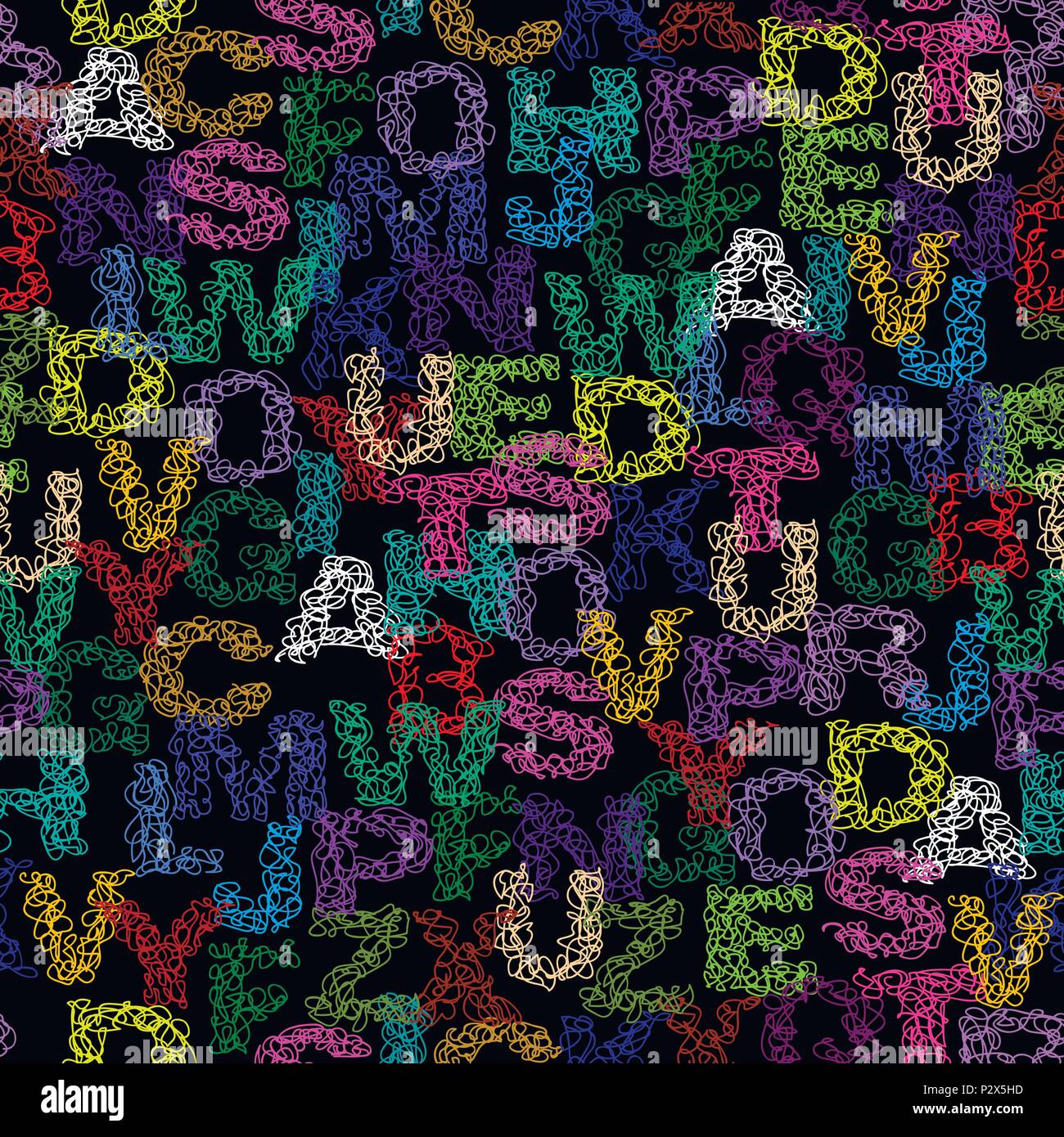 Doodle alphabet seamless pattern on black background. EPS 10 Stock Vector
