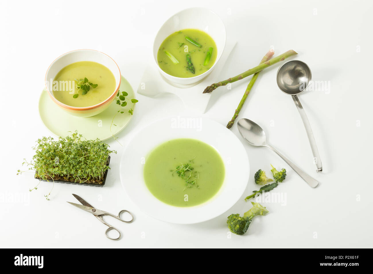 Broccolicreme-Suppe mit frischer Kresse, Spargelcreme-Suppe und Kräutersuppe, Studio Stock Photo