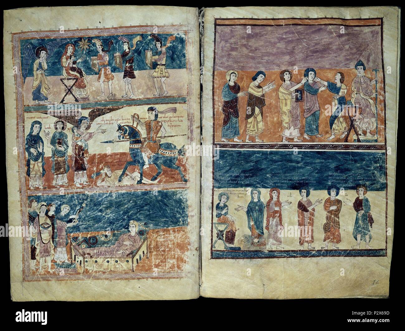 BEATO DE SAN SALVADOR DE TABARA, 975- COMENTARIOS A LA APOCALIPSIS-IZQ:EPIFANIA Y NIÑO PERSEGUIDO POR HERODES. Author: Beatus of Liébana (c. 730-c. 798). Location: CATEDRAL-ARCHIVO CAPITULAR, GERONA, SPAIN. Stock Photo