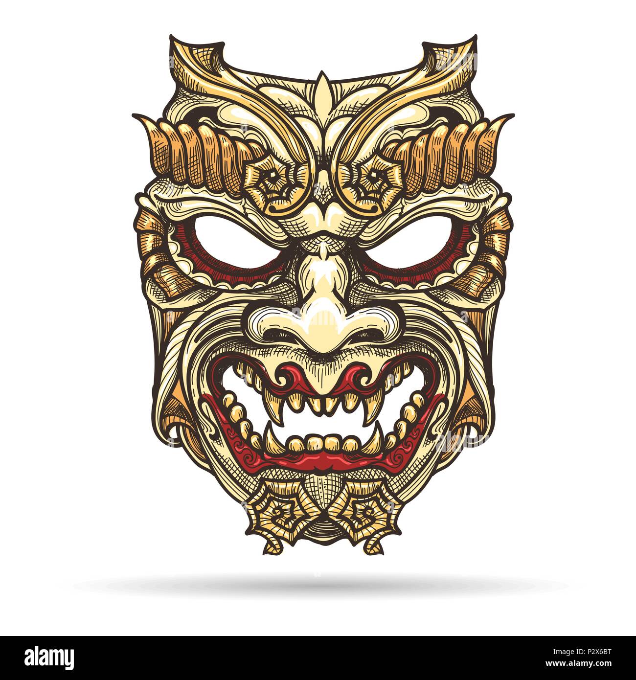 Hand drawn Japanese Samurai Demon Mask. Vector illustration. Stock Vector