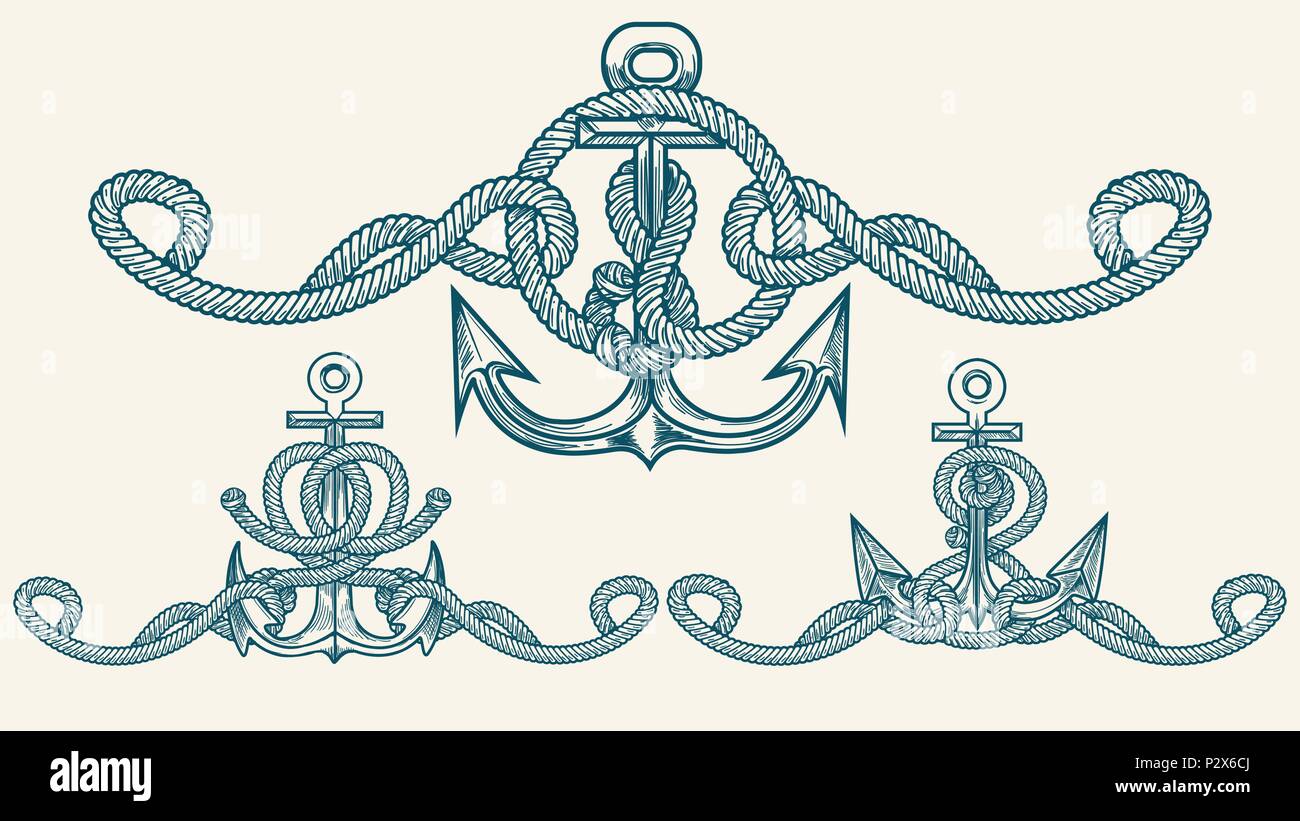 Set of Anchor with Marine ropes drawn in Retro style. Vector Illustration. Stock Vector