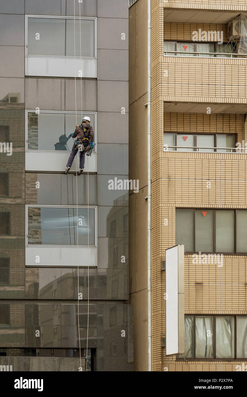 Window washer working at building outdoor hanging on rope, Tokyo, Japan Stock Photo