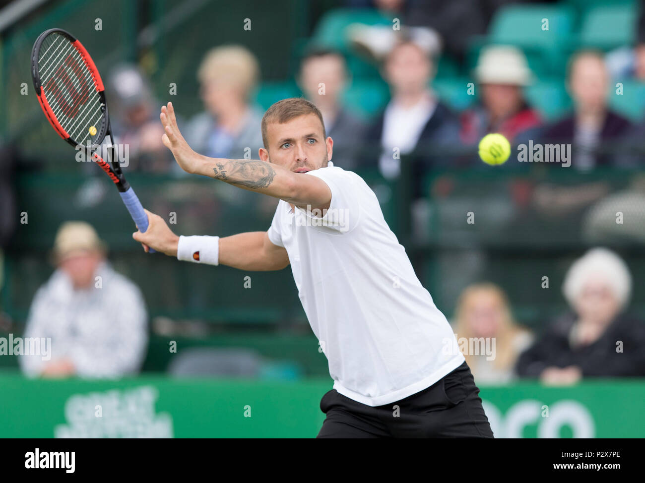 Dan Evans of Great Britain in action against Marcel Granollers of Spain during the Nature Valley Open Day Eight at Nottingham Tennis Centre, Nottingha Stock Photo