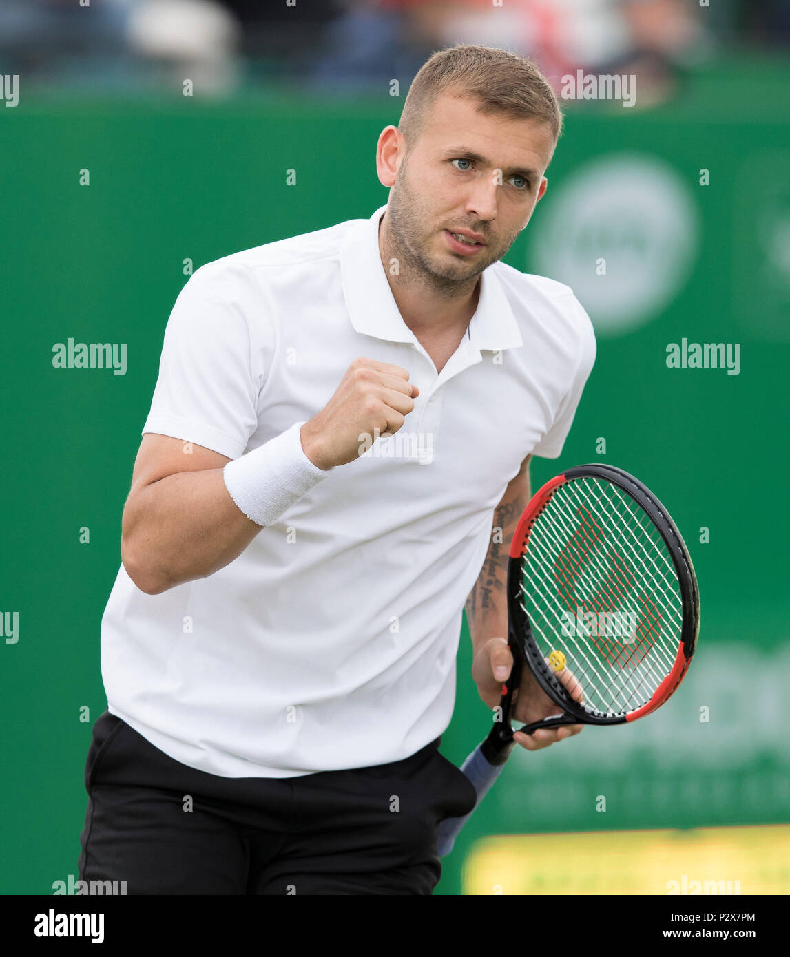 Dan Evans of Great Britain in action against Marcel Granollers of Spain during the Nature Valley Open Day Eight at Nottingham Tennis Centre, Nottingha Stock Photo