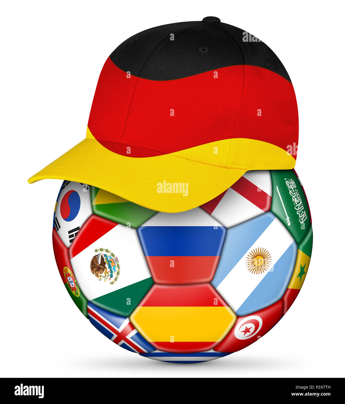 Classic black white leather soccer ball with german germany fan baseball cap isolated background sport football concept Stock Photo