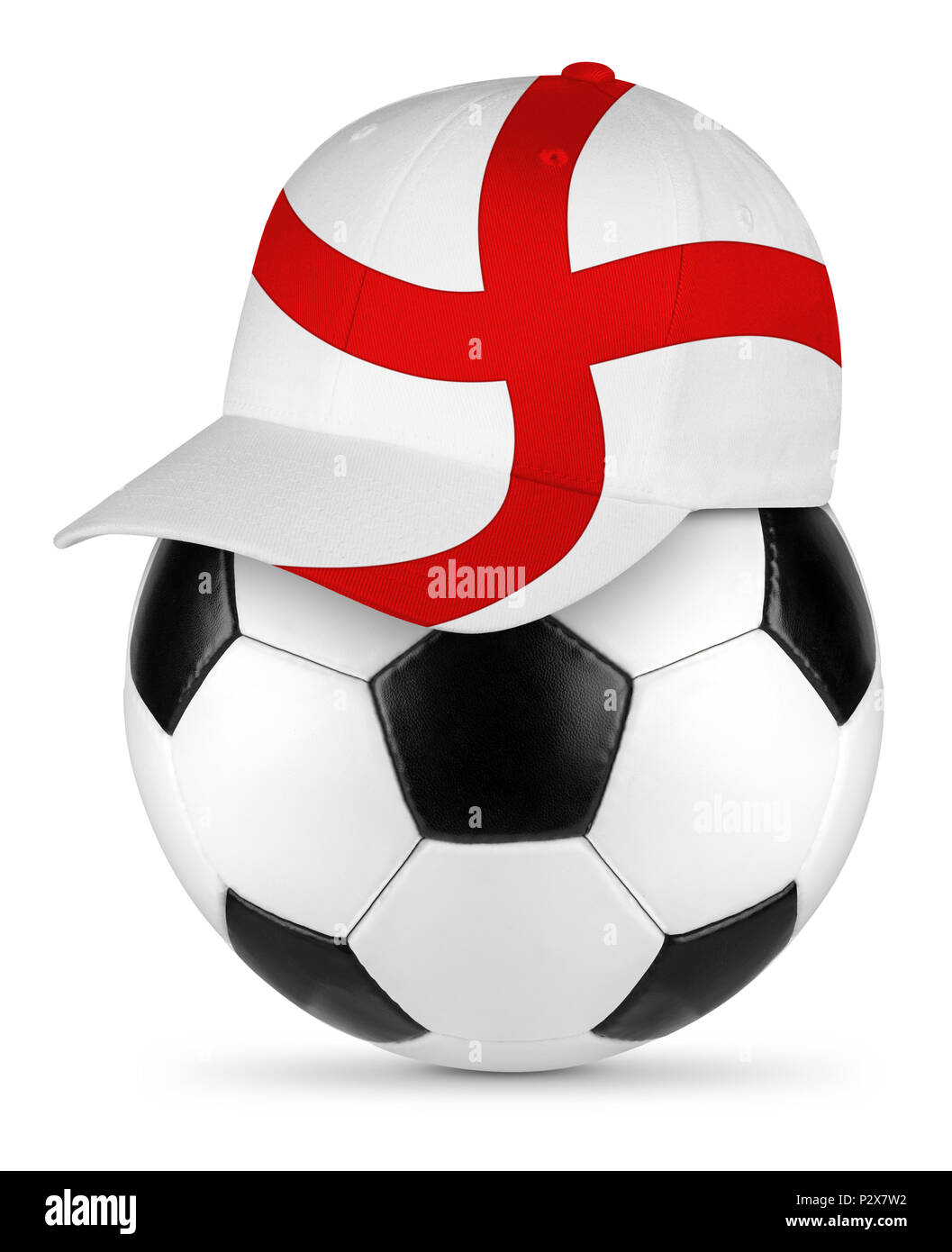 Classic black white leather soccer ball with england english flag baseball fan cap isolated background sport football concept Stock Photo