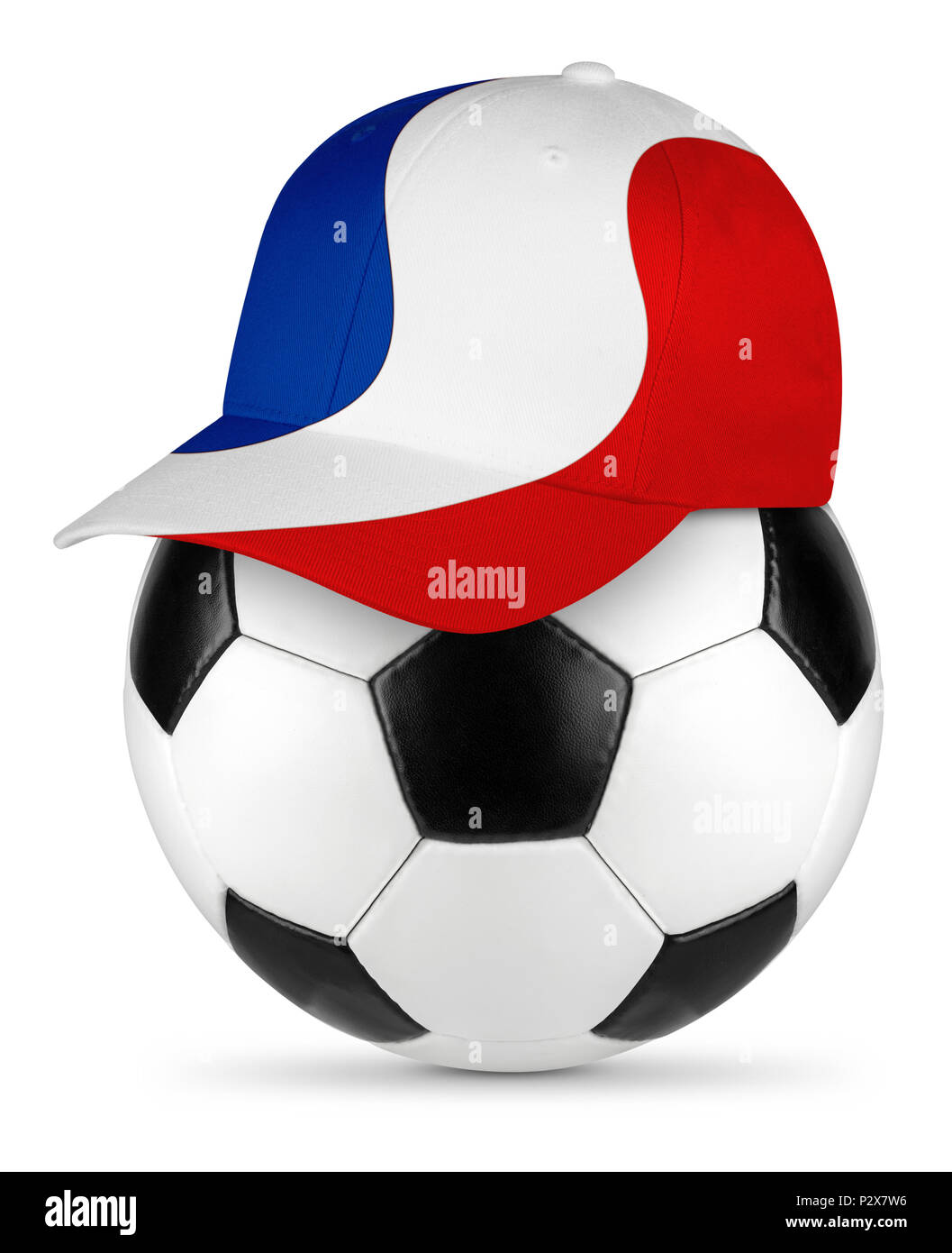 Classic black white leather soccer ball with france french flag baseball fan cap isolated background sport football concept Stock Photo