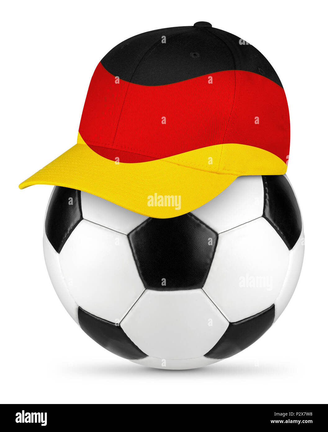 Classic black white leather soccer ball with germany german baseball fan cap isolated background sport football concept Stock Photo