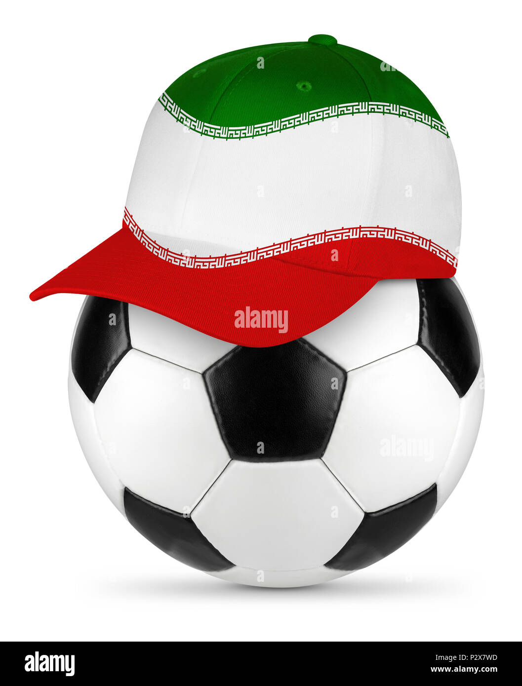 Classic black white leather soccer ball with iran Iranian baseball fans cap isolated background sport football concept Stock Photo