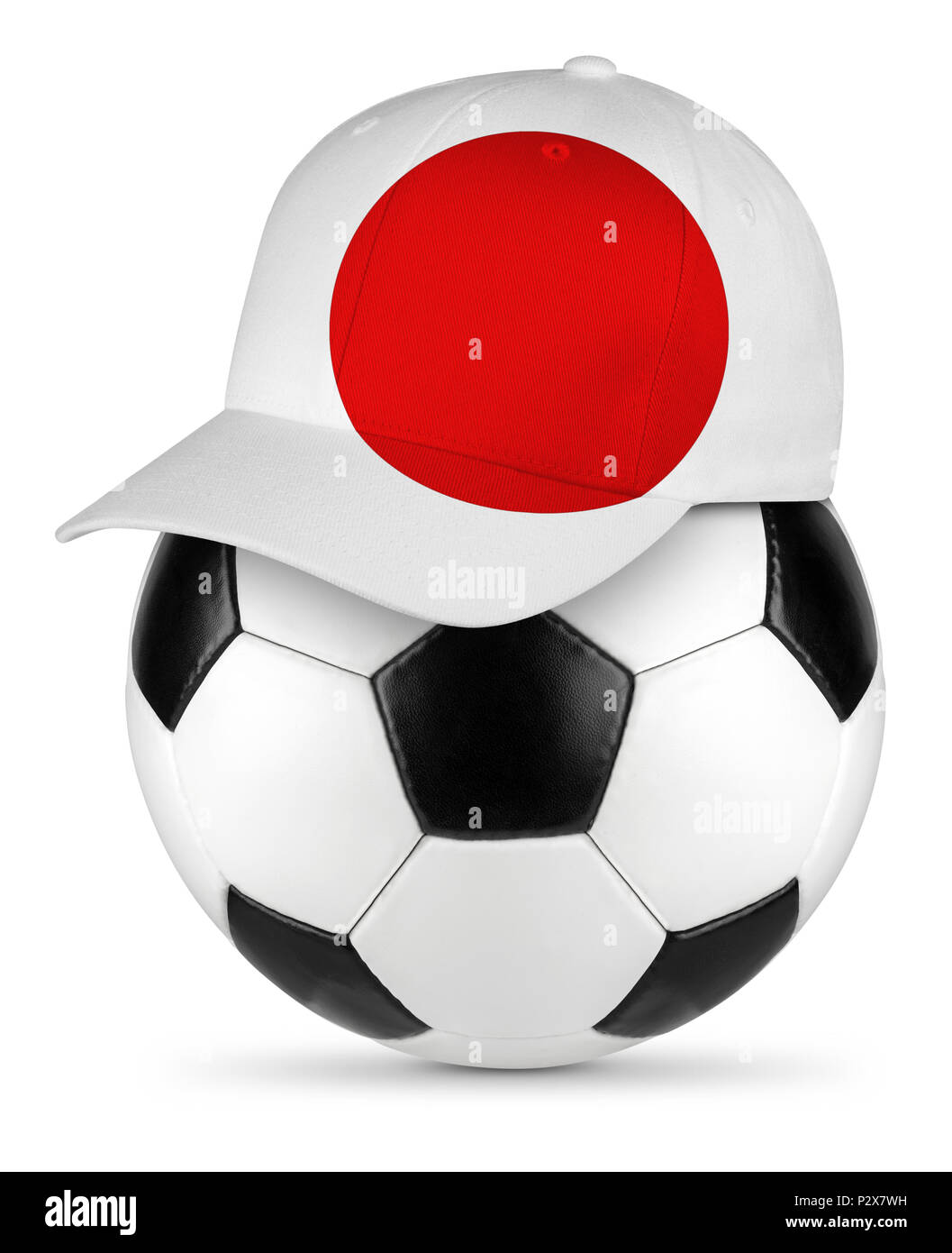 Classic black white leather soccer ball japan japanese flag baseball fan cap isolated background sport football concept Stock Photo