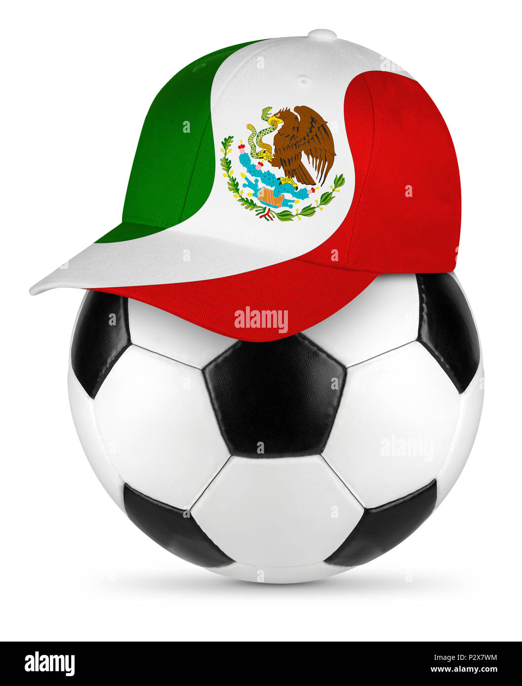 Classic black white leather soccer ball mexico mexican flag baseball fan cap isolated background sport football concept Stock Photo