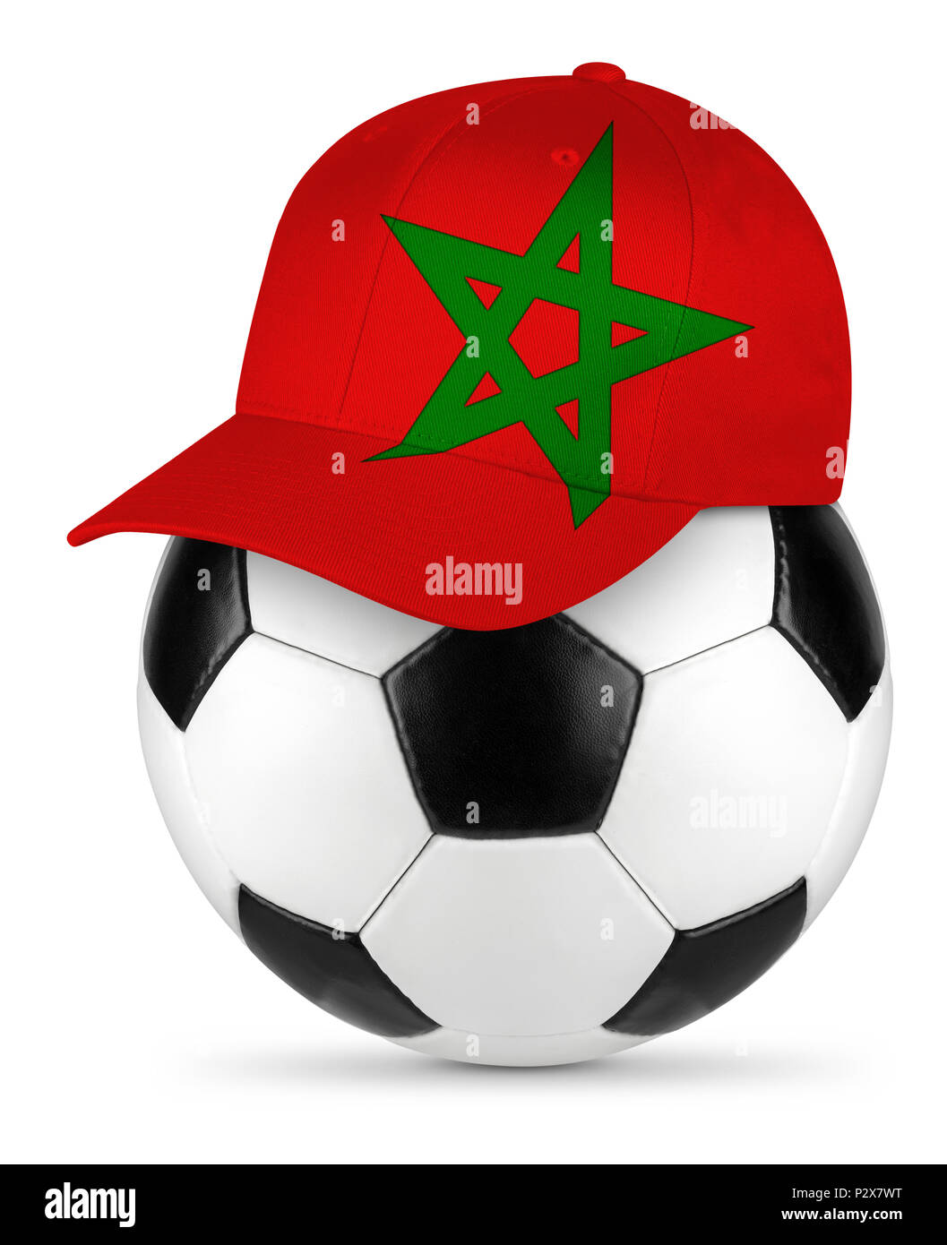 Classic black white leather soccer ball with Morocco baseball fan cap isolated background sport football concept Stock Photo