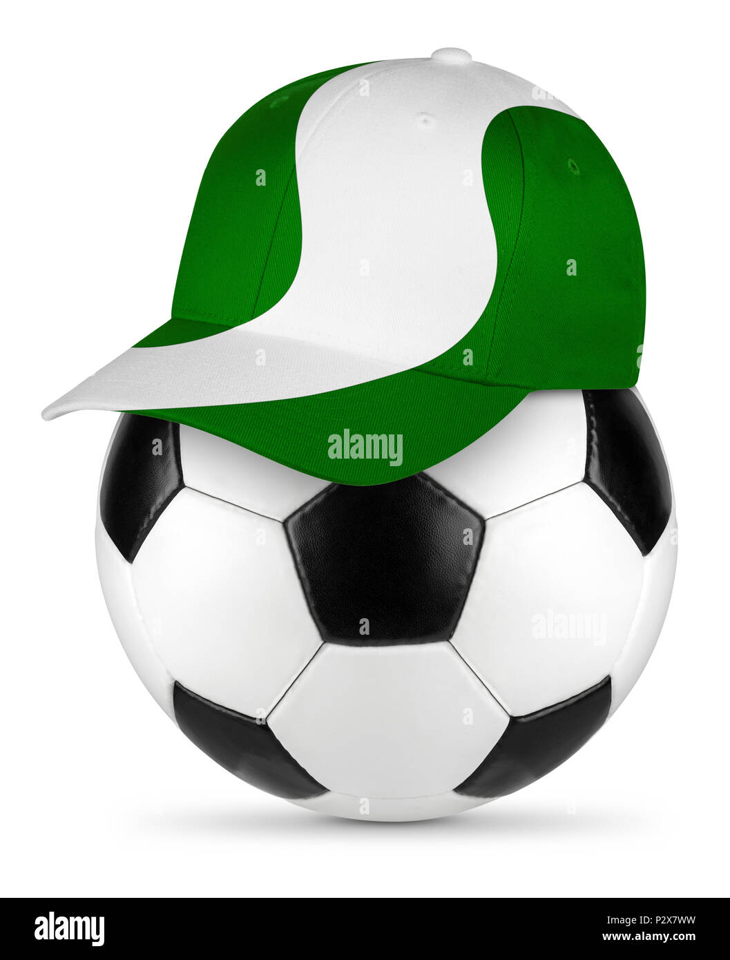 Classic black white leather soccer ball with nigeria nigerian flag baseball fan cap isolated background sport football concept Stock Photo