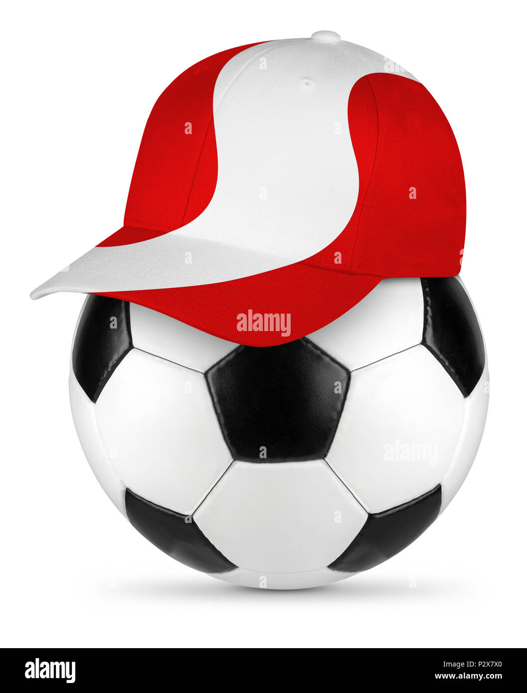 Classic black white leather soccer ball peru peruvian flag baseball fan cap isolated background sport football concept Stock Photo