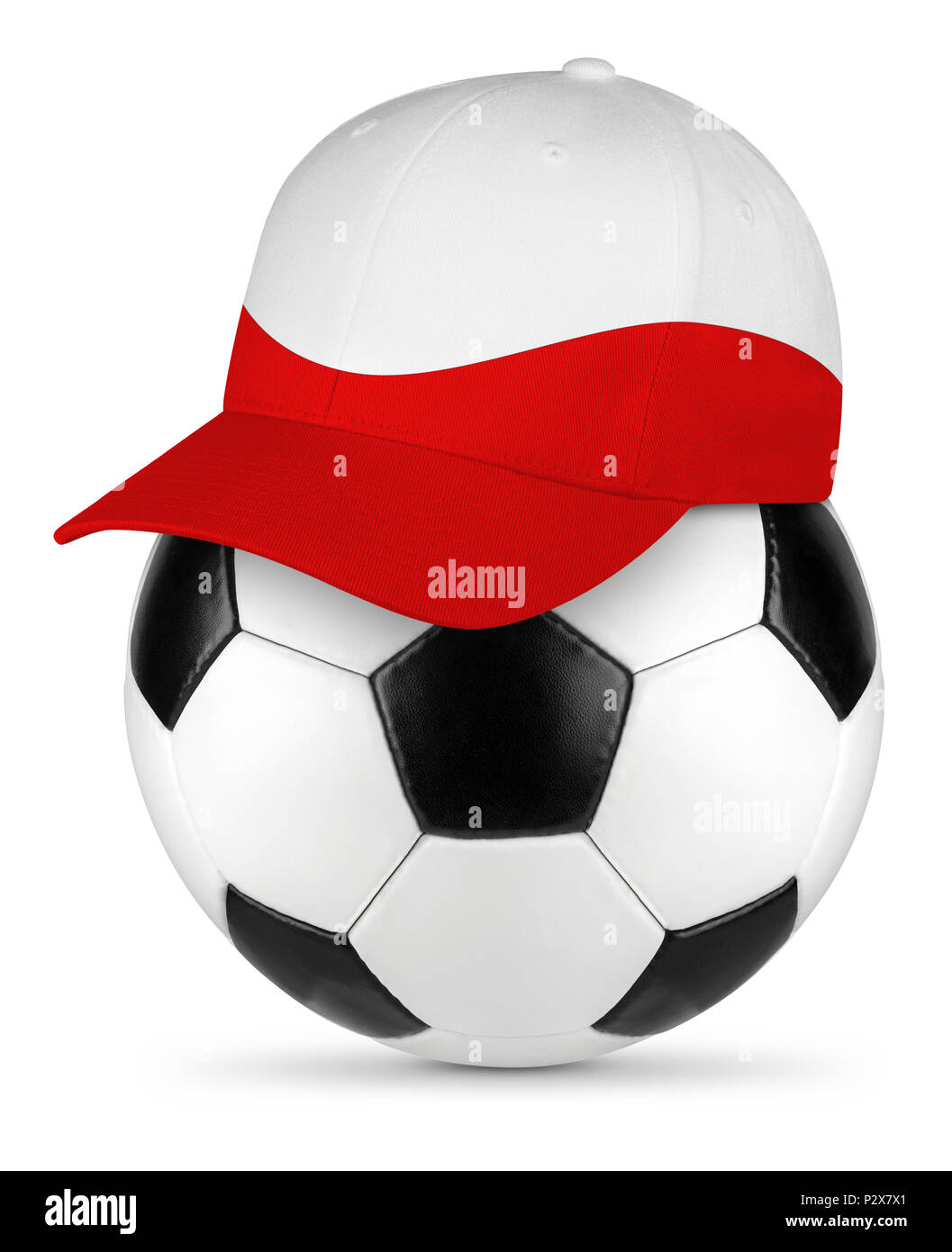 Classic black white leather soccer ball  poland polish flag baseball fan cap isolated background sport football concept Stock Photo