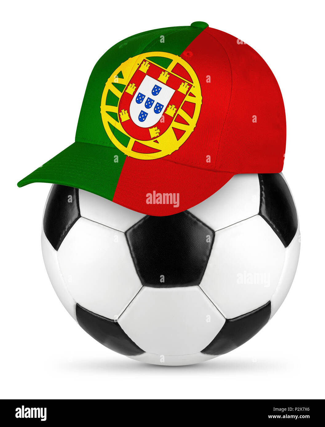 Classic black white leather soccer ball with portugal Portuguese baseball fans cap isolated background sport football concept Stock Photo