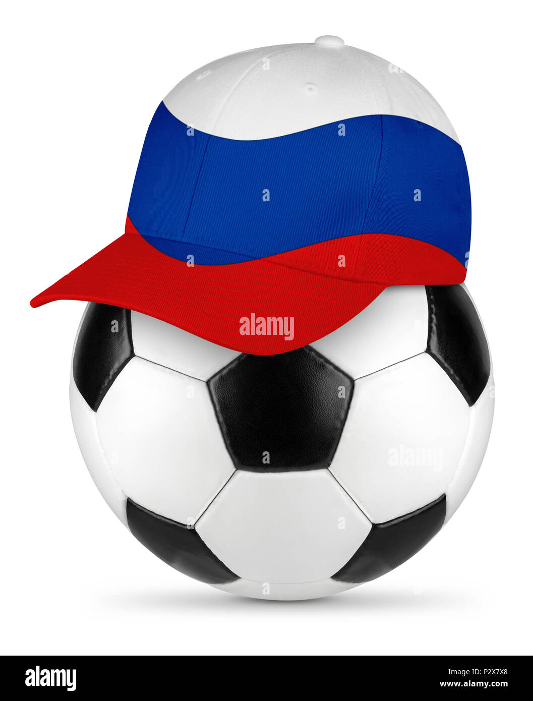 Classic black white leather soccer ball with russia russian baseball fan cap isolated background sport football concept Stock Photo