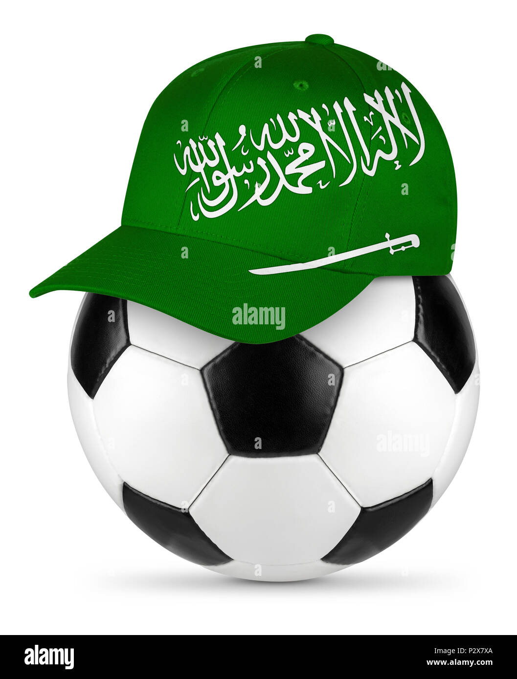Classic black white leather soccer ball with saudi arabia arabian baseball fan cap isolated background sport football concept Stock Photo