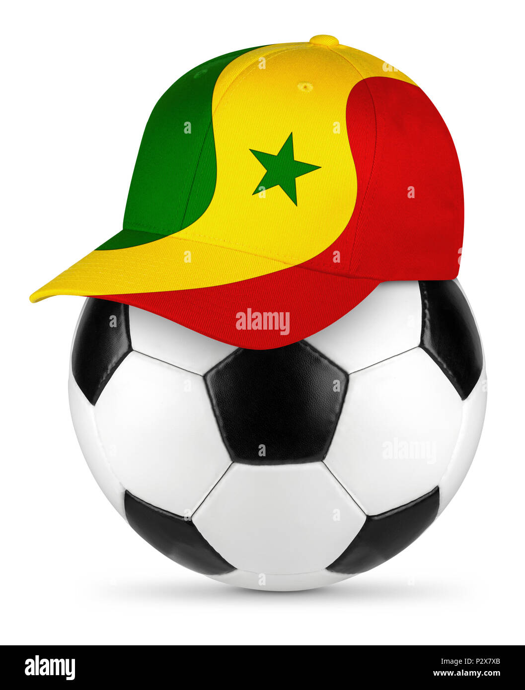 Classic black white leather soccer ball  senegal Senegalese flag baseball fan cap isolated background sport football concept Stock Photo
