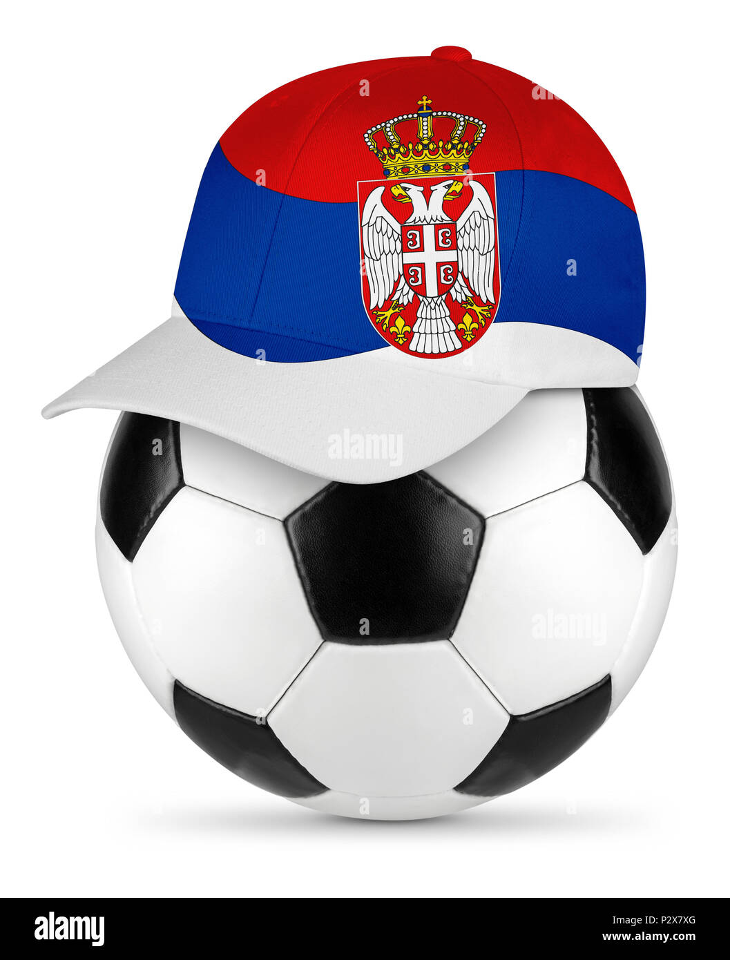Classic black white leather soccer ball serbia serbian flag baseball fan cap isolated background sport football concept Stock Photo