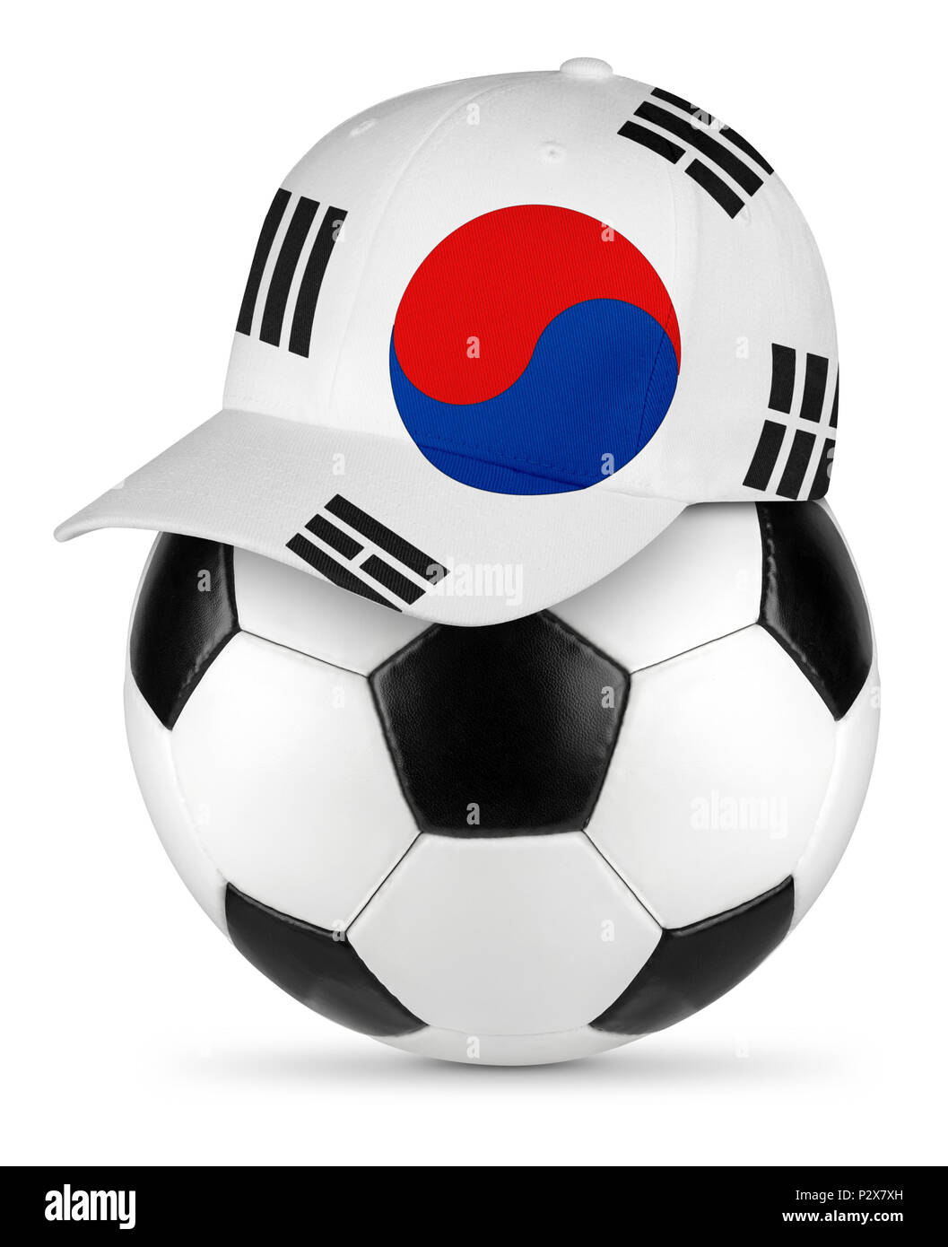 Classic black white leather soccer ball south korea korean flag baseball fan cap isolated background sport football concept Stock Photo