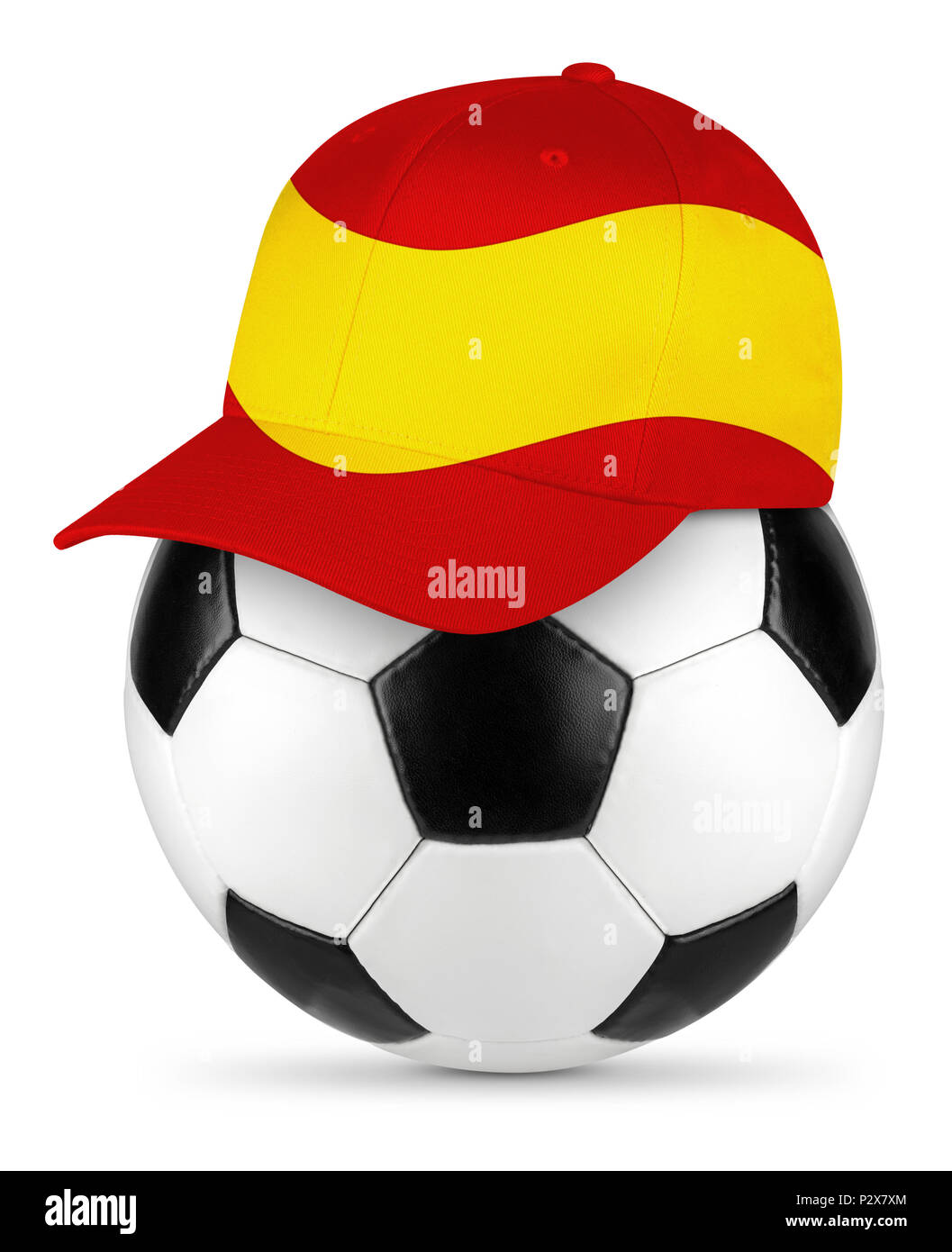 Classic black white leather soccer ball with spain spanish baseball fan cap isolated background sport football concept Stock Photo