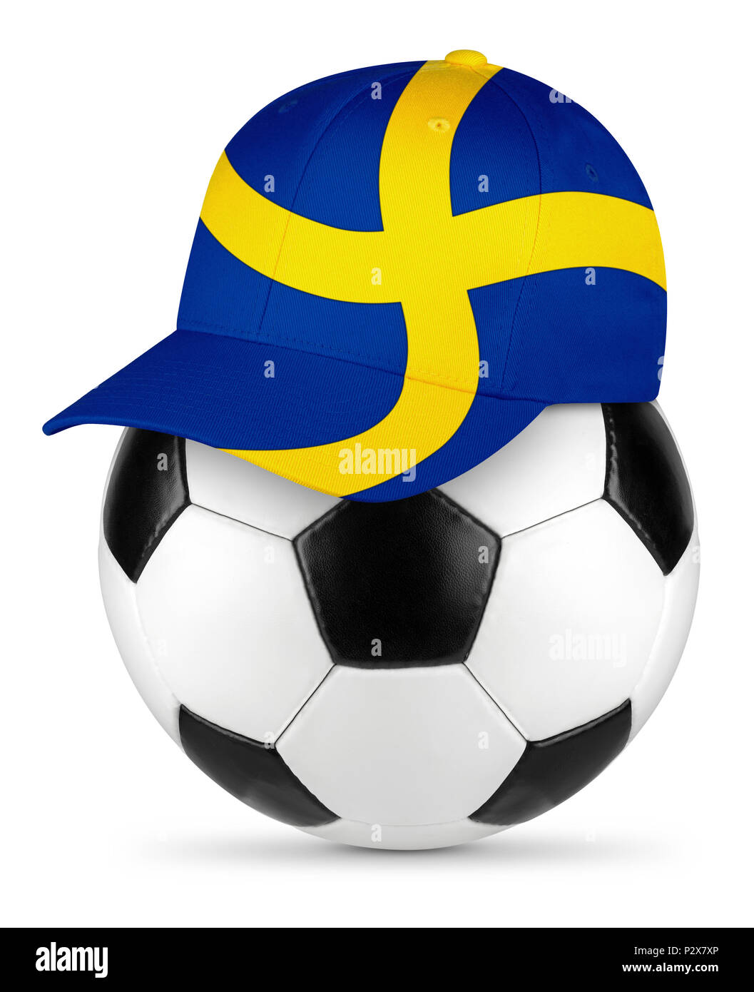 Classic black white leather soccer ball with sweden swedish flag baseball fan cap isolated background sport football concept Stock Photo