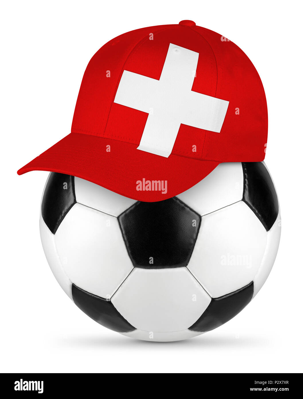 Classic black white leather soccer ball with swiss baseball fan cap isolated background sport football concept Stock Photo